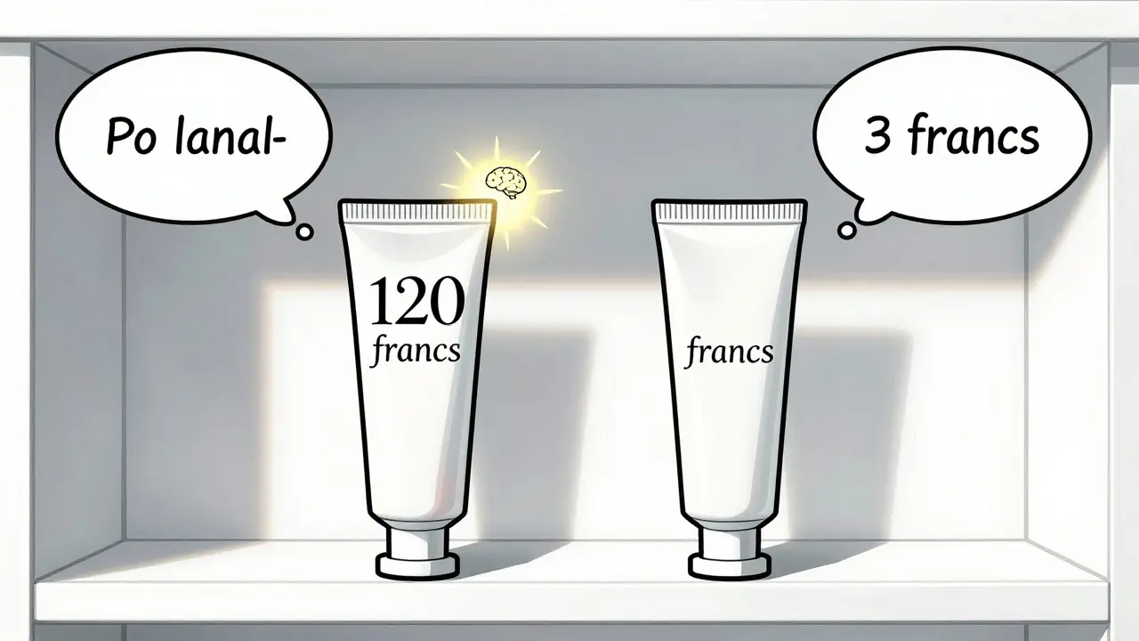 Deux tubes de crème identiques, l'un étiqueté cher, l'autre bon marché, avec des pensées de soulagement et de doute au-dessus.