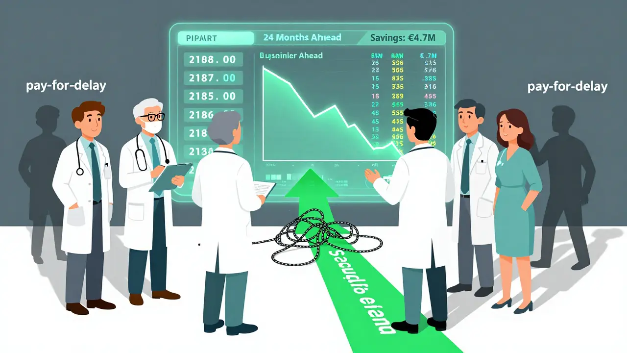 Équipe de soignants surveille un tableau numérique des dates d'expiration de brevets et des économies potentielles.