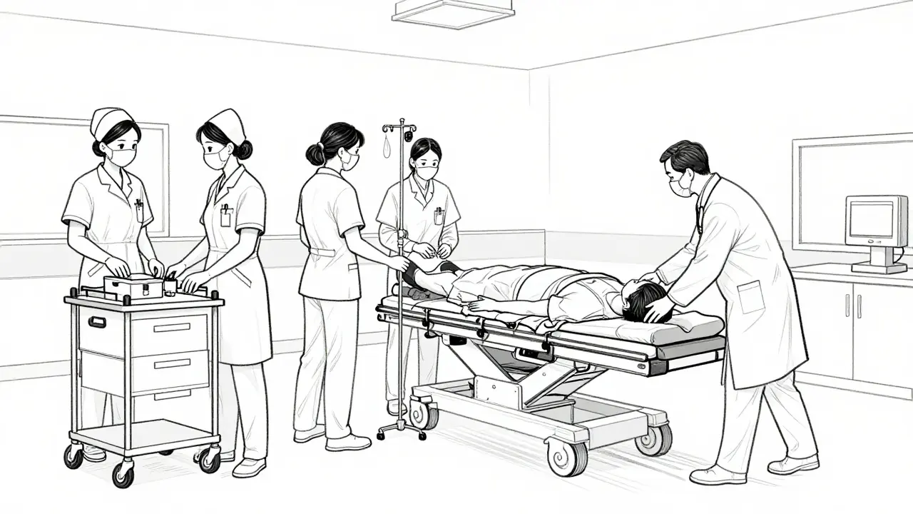 Équipe médicale préparant un examen en urgence avec un chariot d'urgence à portée de main.