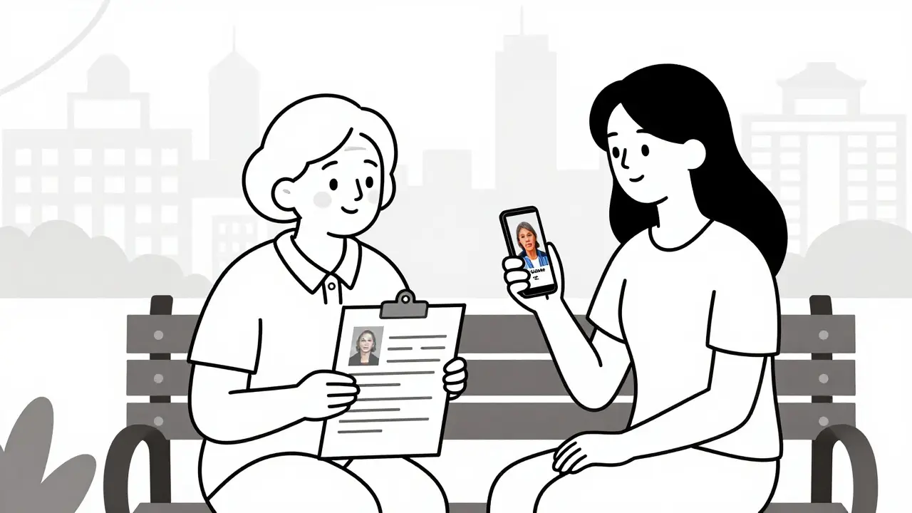 Femme âgée avec liste de médicaments en gros caractères, accompagnée d'une jeune femme qui montre une vidéo sur son téléphone.