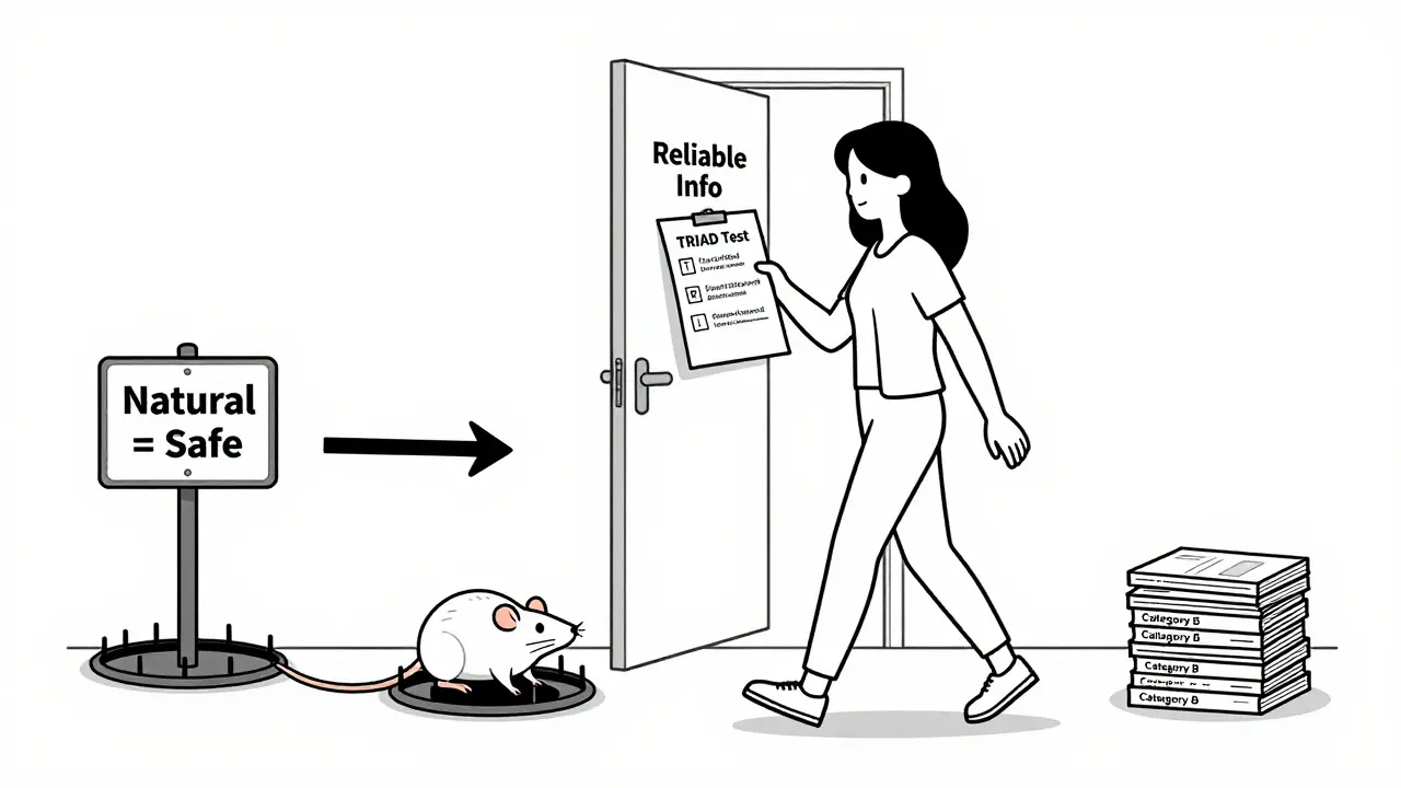 Femme enceinte vérifie un test TRIAD pour évaluer la fiabilité des informations médicales en ligne, rejetant des pièges courants.