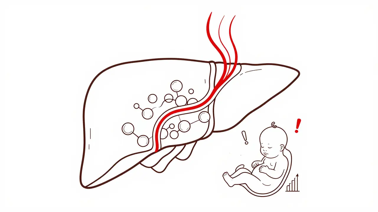 Foie avec flux biliaire bloqué, acides biliaires dans le sang, fœtus en dessous.