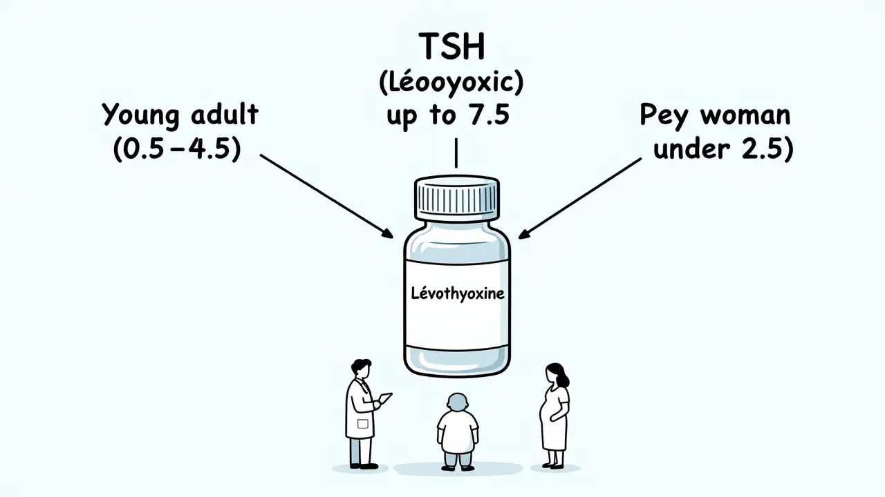 Graphique médical illustrant les plages de TSH idéales selon les groupes d'âge et la grossesse, relié à une bouteille de lévothyroxine.