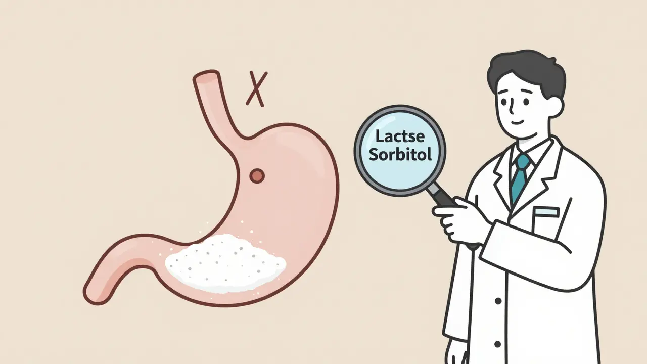 Illustration d'un estomac montrant deux excipients différents, l'un causant une réaction.