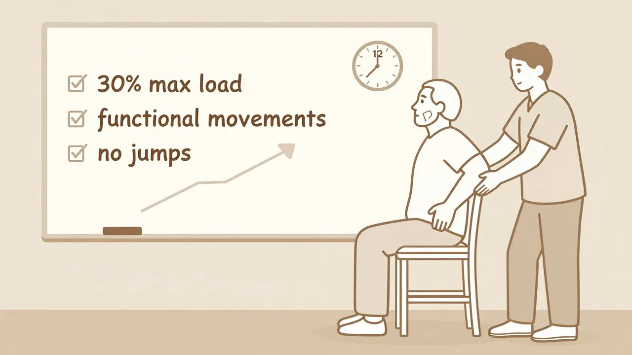 Kinésithérapeute aidant un patient à faire un lever de chaise contrôlé en rééducation.