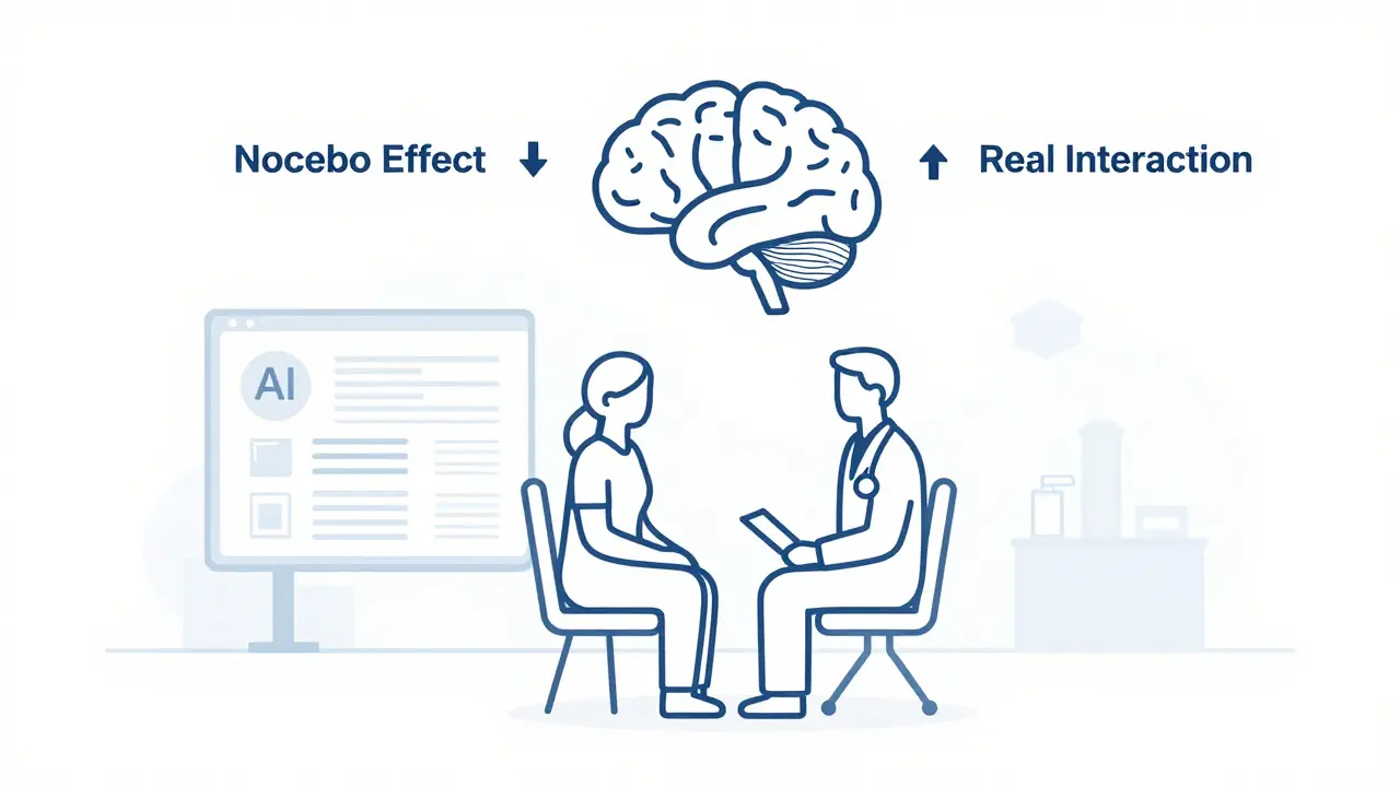Médecin et patient discutant, avec un diagramme du cerveau montrant l'effet nocebo et une interaction réelle.