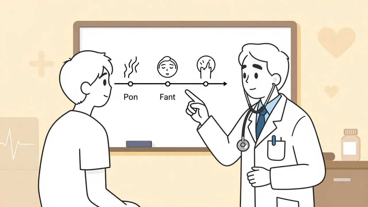 Médecin et patient discutent d'une réaction médicamenteuse sur un tableau blanc.