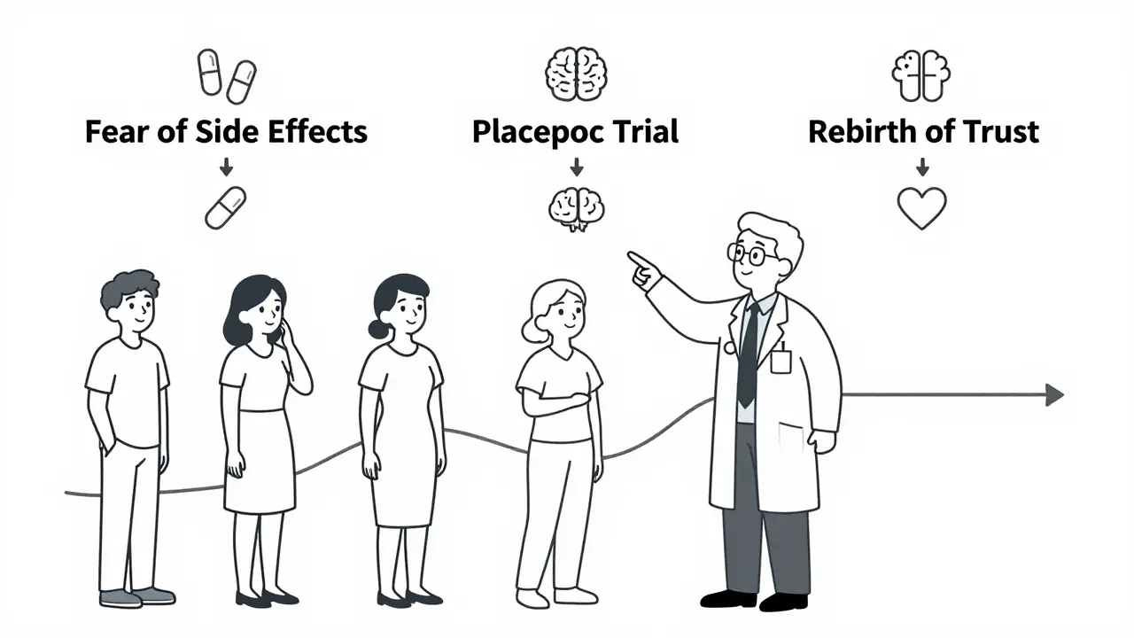 Médecin montrant une frise chronologique illustrant la transition de la peur à la confiance dans le traitement des statines.