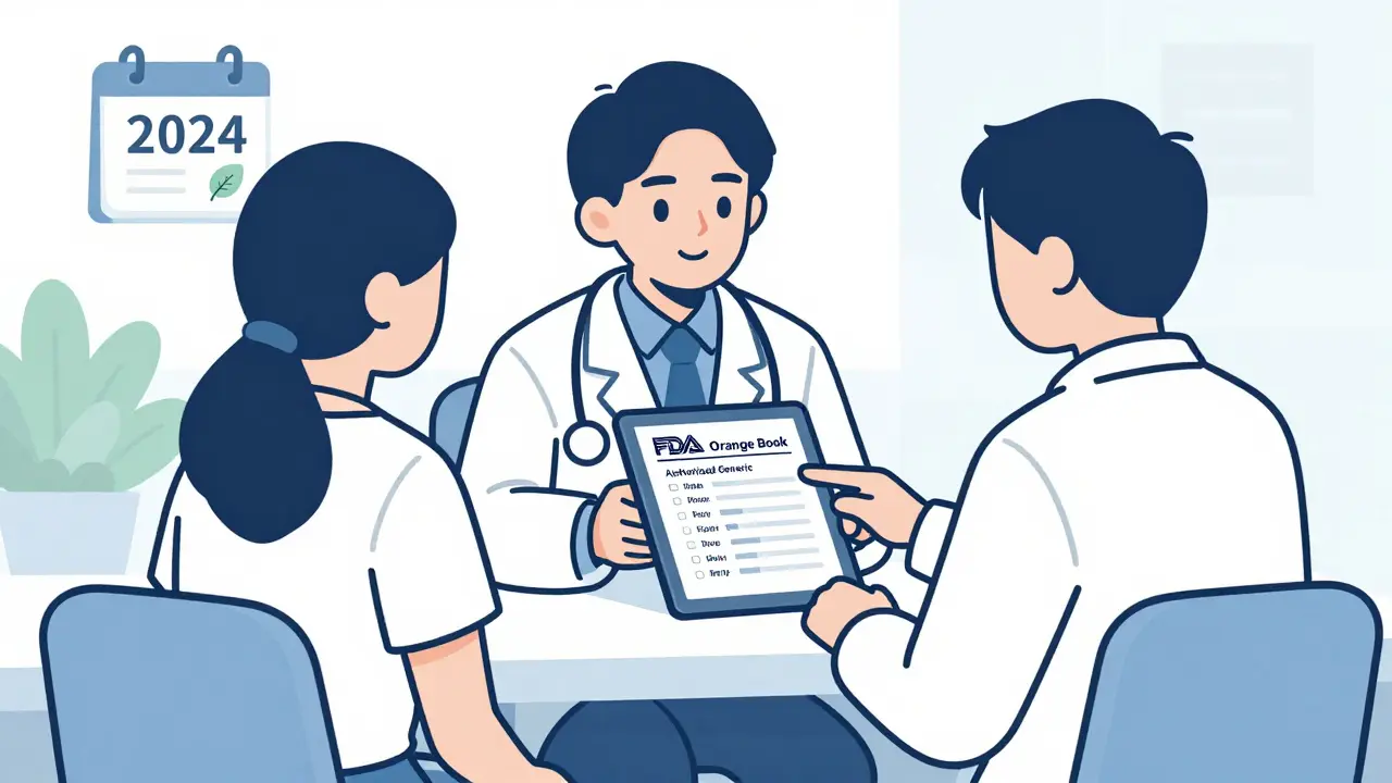 Médecin montre au patient la liste FDA des génériques autorisés sur un écran, symbolisant la transparence et la sécurité.