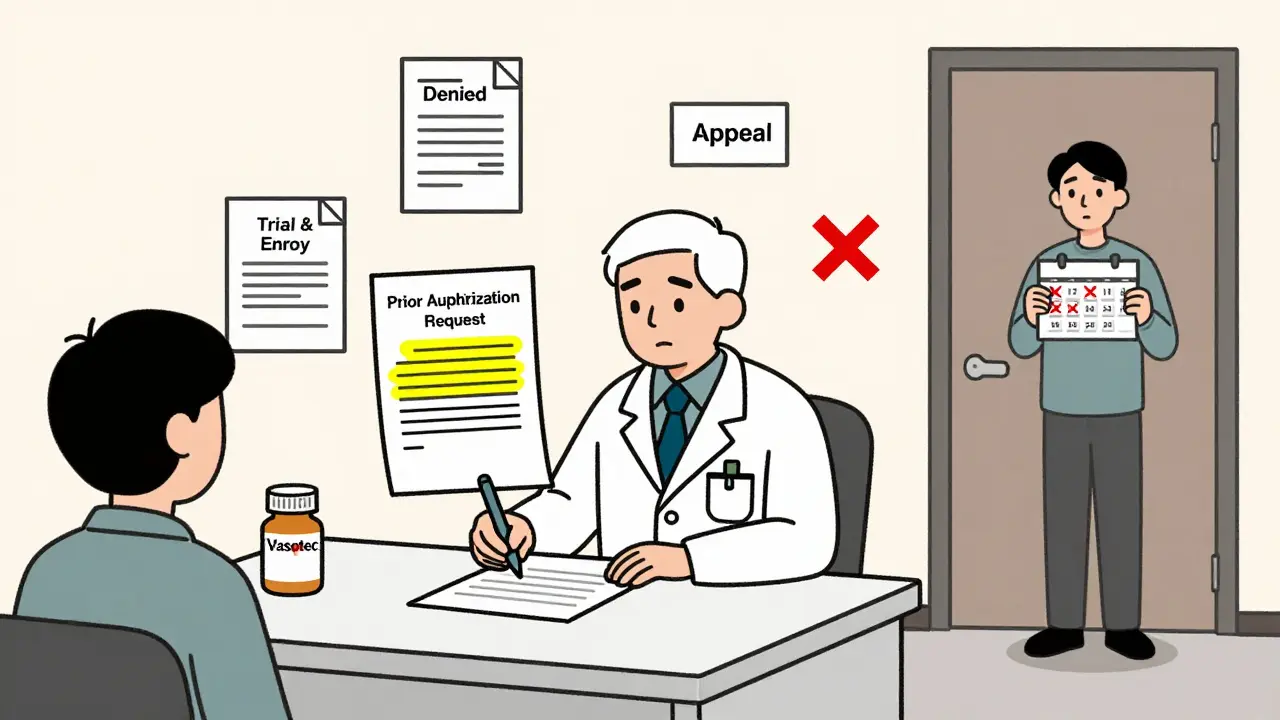 Médecin rédigeant une demande d'autorisation préalable avec des documents de refus autour.