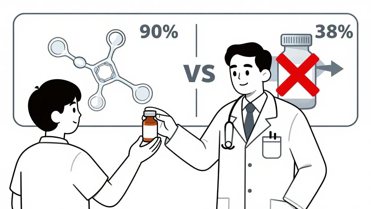 Médecin remet une pilule générique à un patient, comparée à une pilule de marque coûteuse avec un biologique complexe à côté.