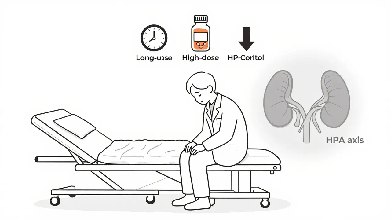 Patient fatigué avec des symboles de traitement opioïde et une glande surrénale endormie, dessinée en lignes continues fines.