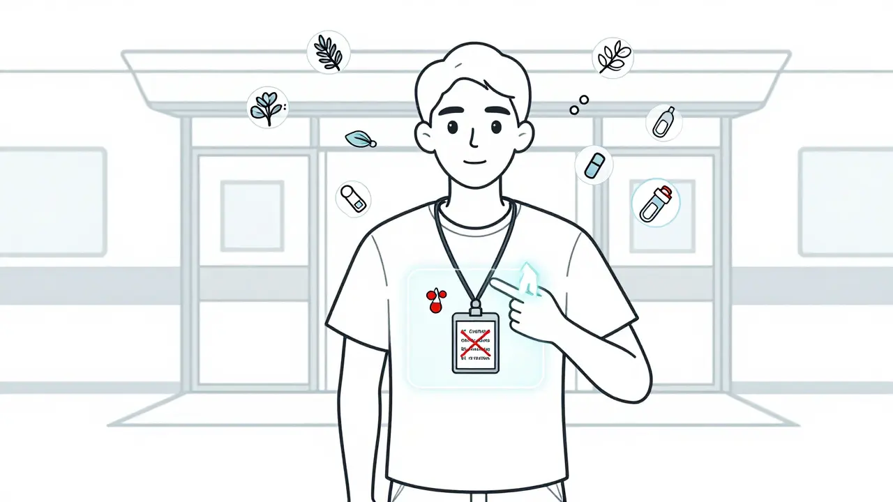 Patient portant une carte d'allergie médicale avec des médicaments dangereux barrés.