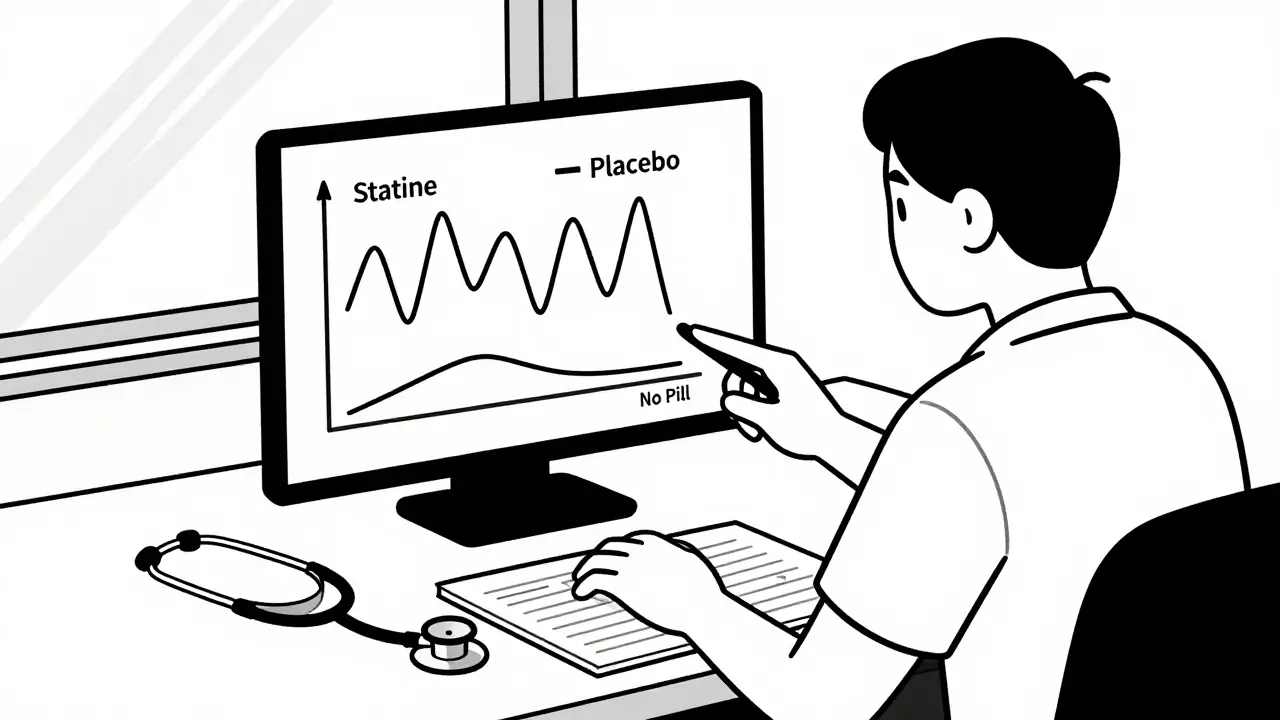 Patient regardant un graphique sur son téléphone montrant des pics de douleur identiques entre statine et placebo.
