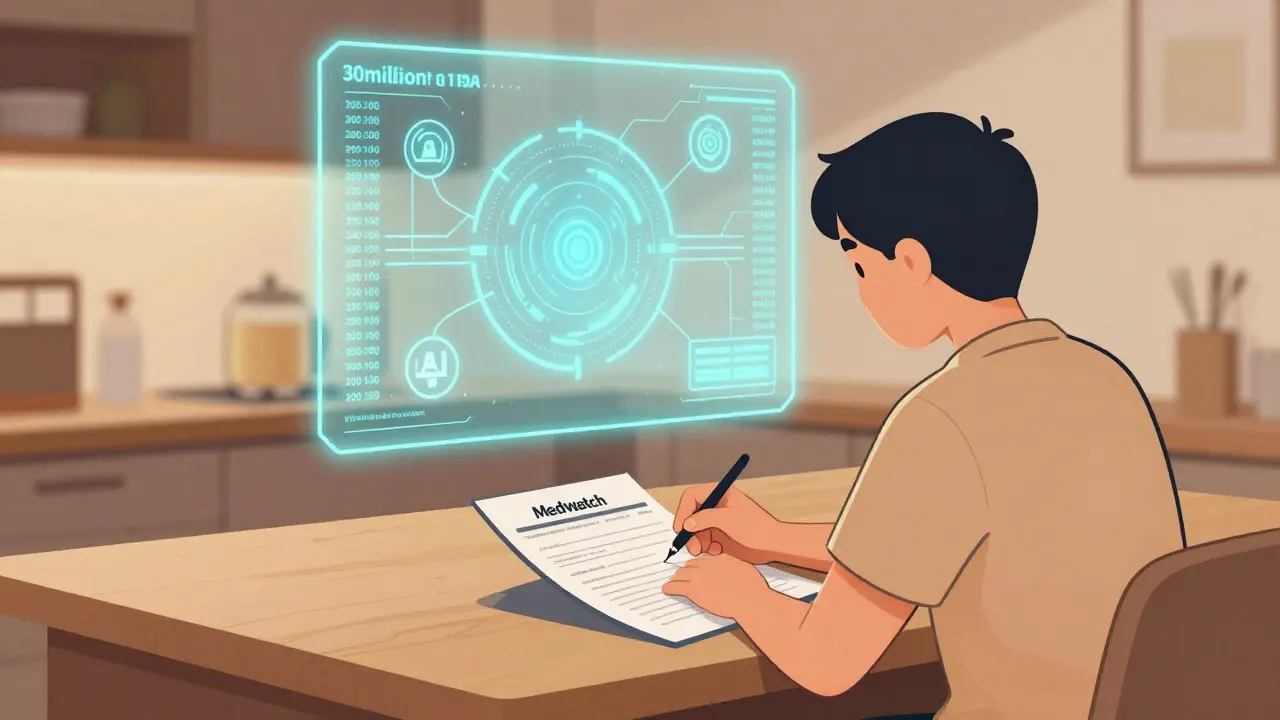 Patient remplissant un formulaire MedWatch avec un flux de données vers un système de surveillance médicale.