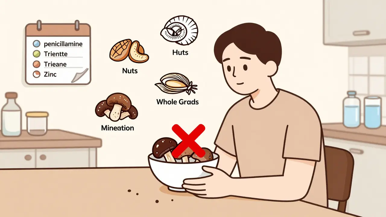 Personne à une table évitant les aliments riches en cuivre : champignons, chocolat, noix et fruits de mer.