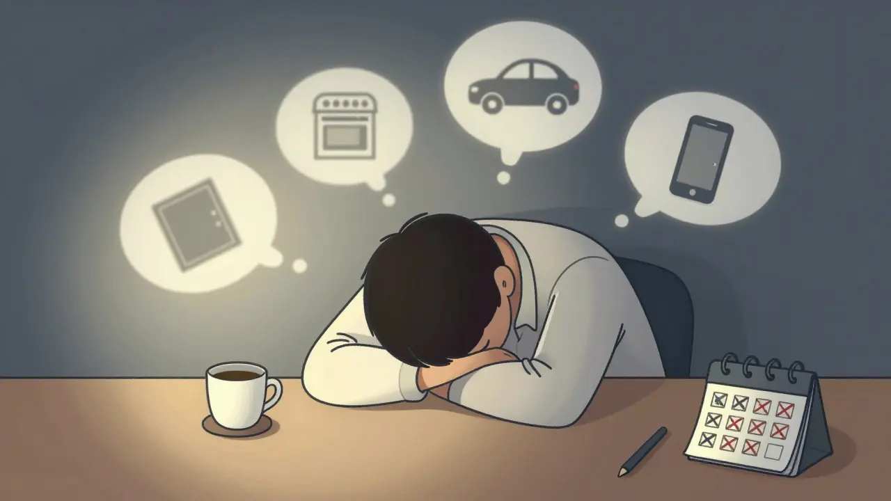 Personne au bureau, la tête sur les bras, entourée de symboles de comportements automatiques.