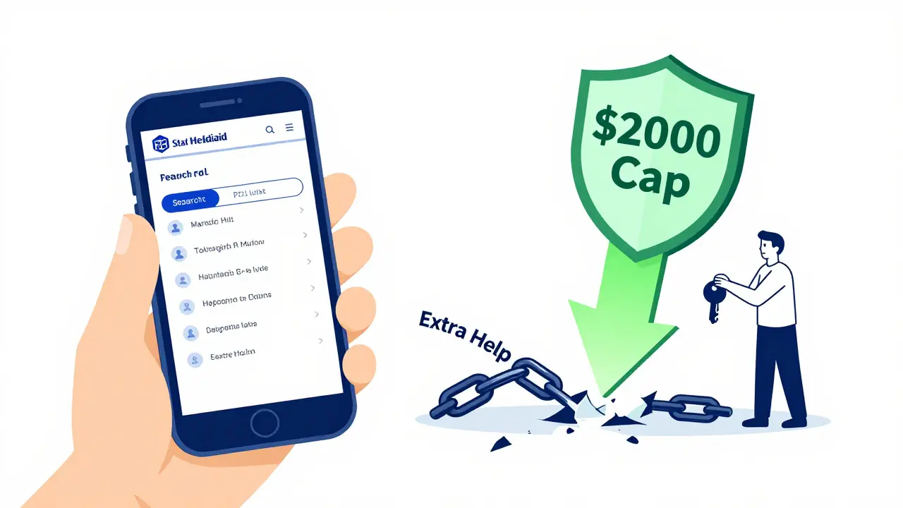 Personne consulte un site Medicaid avec une flèche vers un plafond de dépenses de 2000 $.