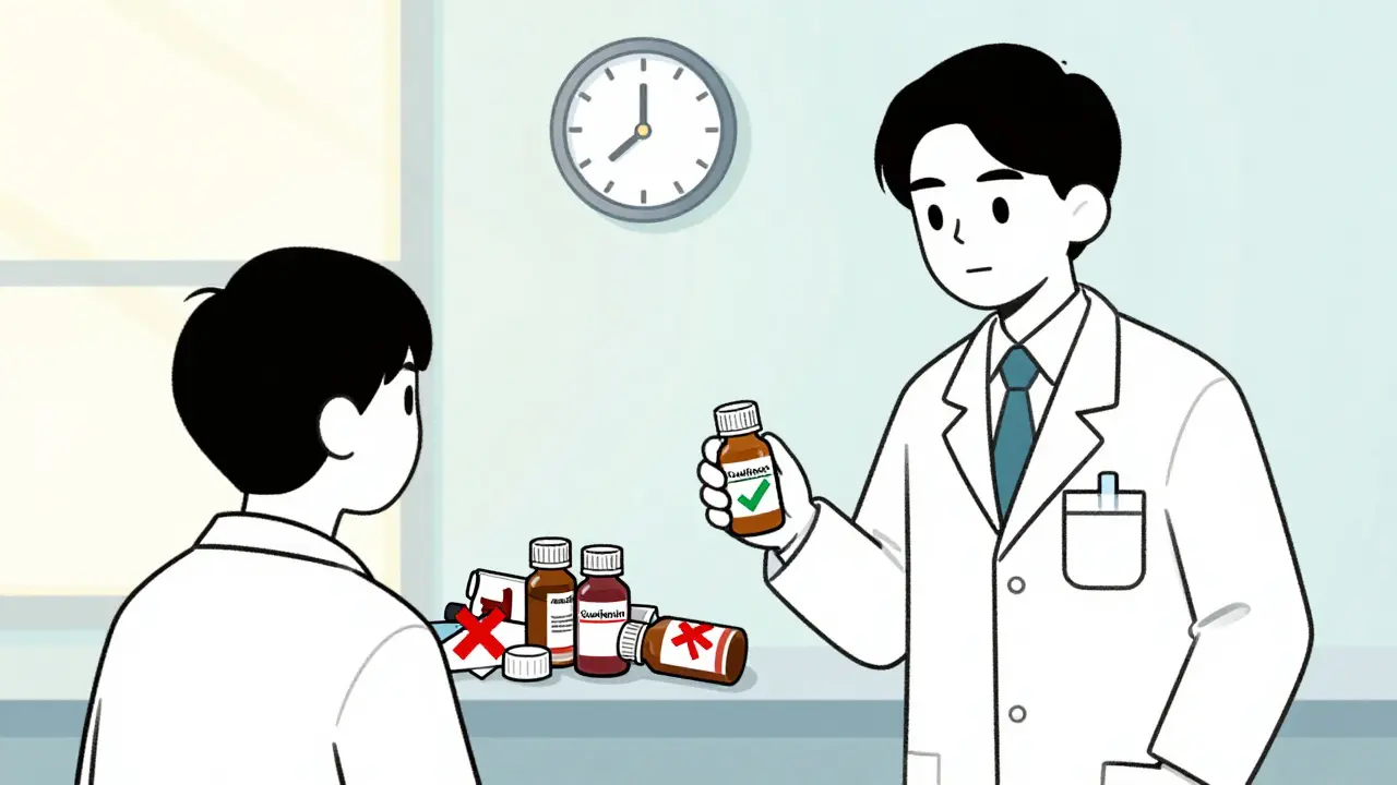 Pharmacien offrant un sirop sûr à un patient, tandis que d'autres sirops dangereux sont rejetés avec une croix rouge.