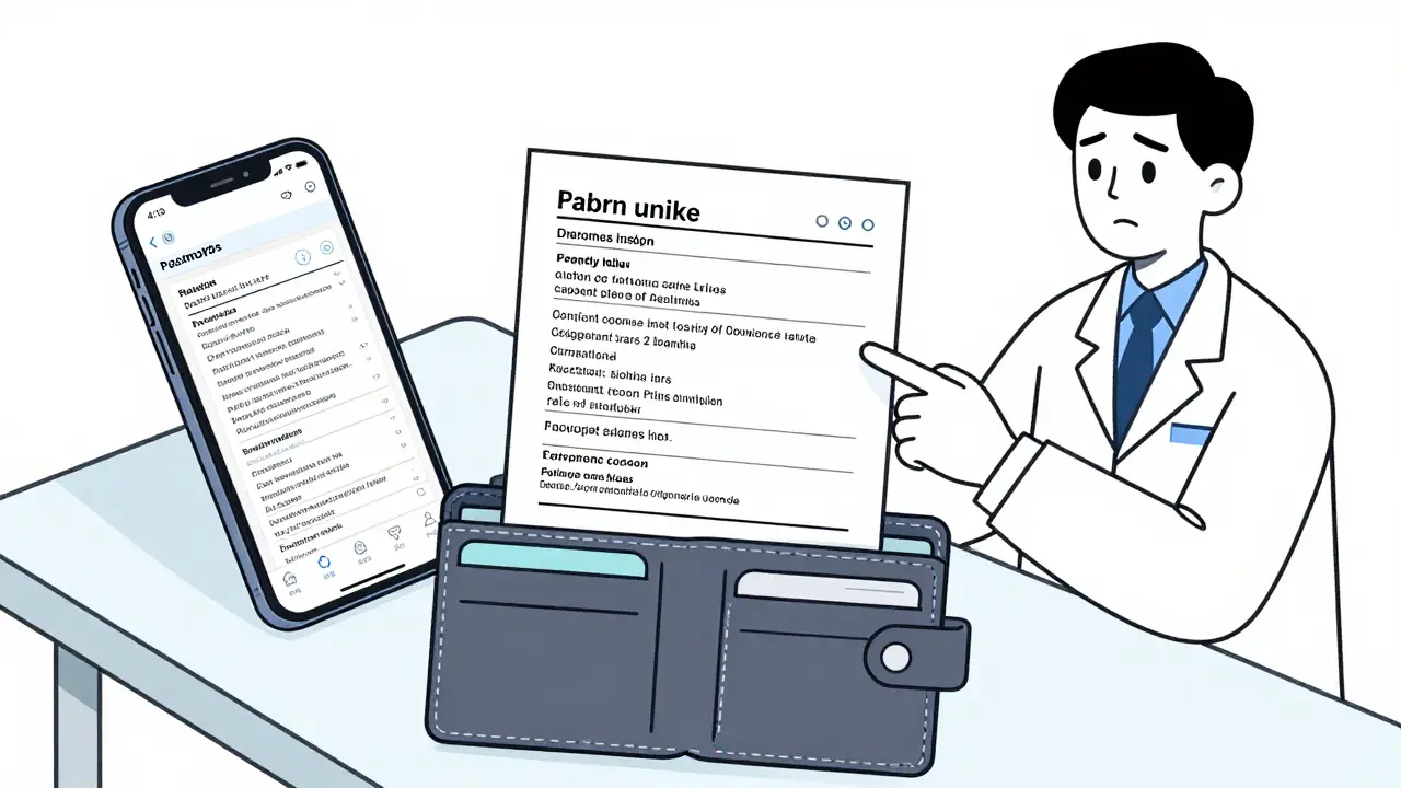 Portefeuille ouvert sur une table d’hôpital avec une liste de médicaments et un téléphone affichant la même liste.