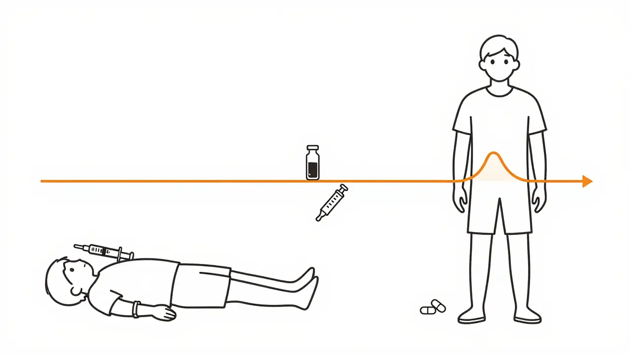 Scène divisée : crise médicale à gauche, récupération à droite, avec un bracelet médical et une seringue d'urgence en ligne continue.