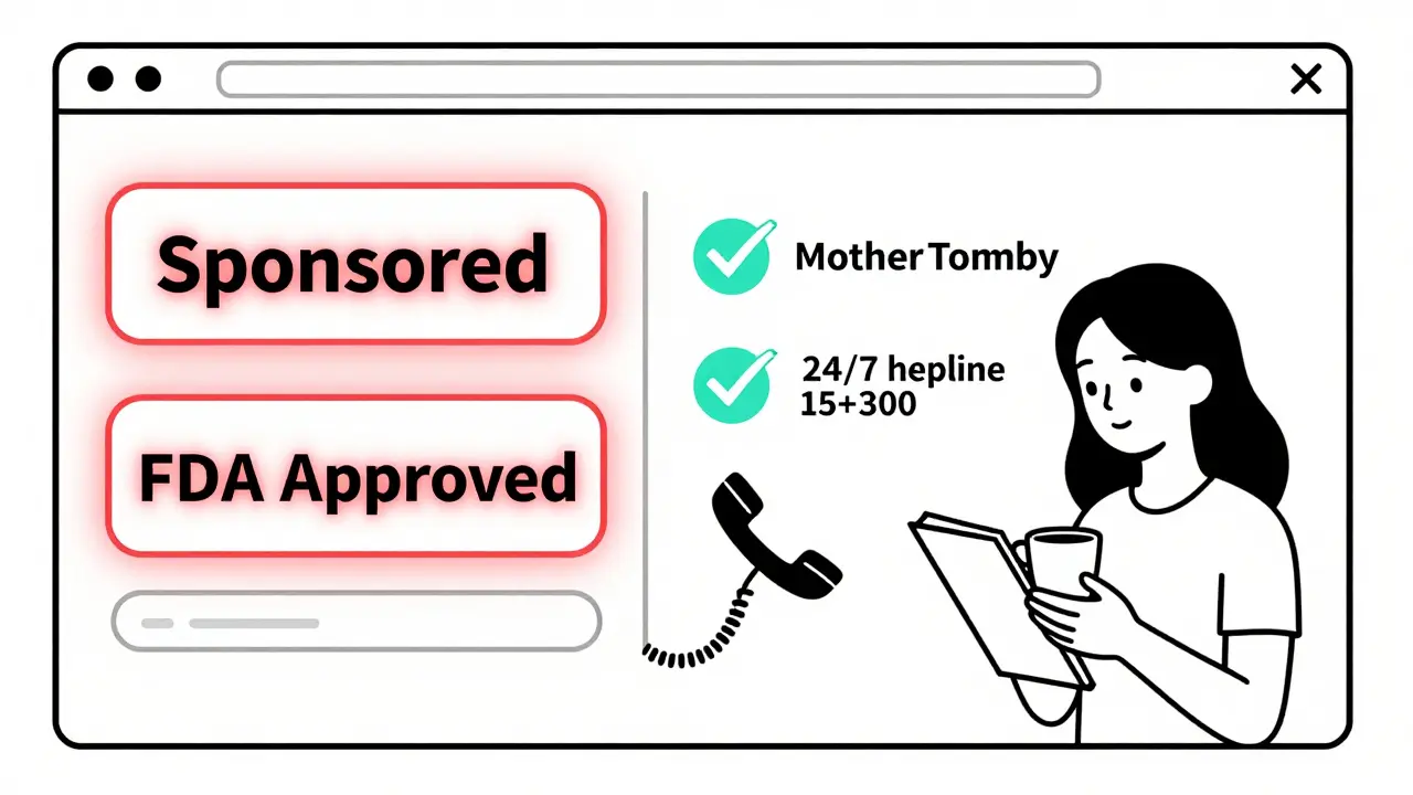 Scène divisée : site pharmaceutique trompeur à gauche, source indépendante MotherToBaby fiable à droite, avec un numéro d'assistance 24h/24.