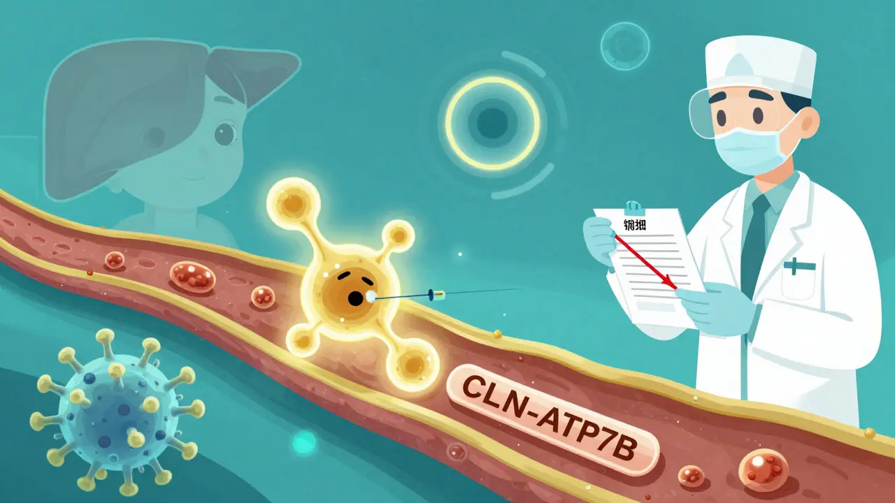 Thérapie génique et molécule capturant le cuivre dans le sang, avec un anneau de Kayser-Fleischer visible dans l'œil.