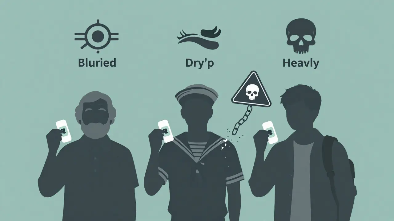 Trois silhouettes tenant des patches de scopolamine, entourées d'icônes de ses effets secondaires.