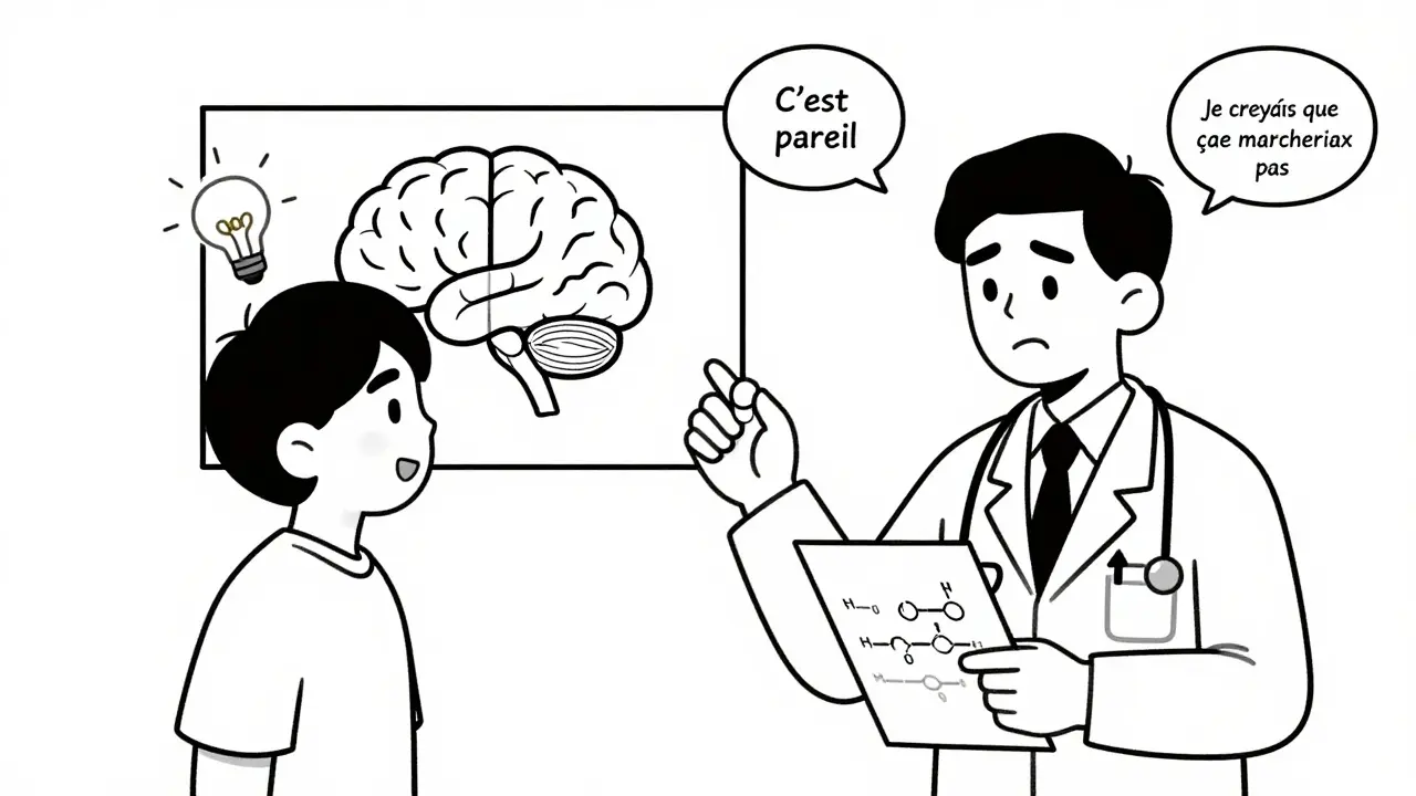 Un médecin explique à un patient que le médicament générique est équivalent, avec un cerveau qui s'active différemment selon la perception.