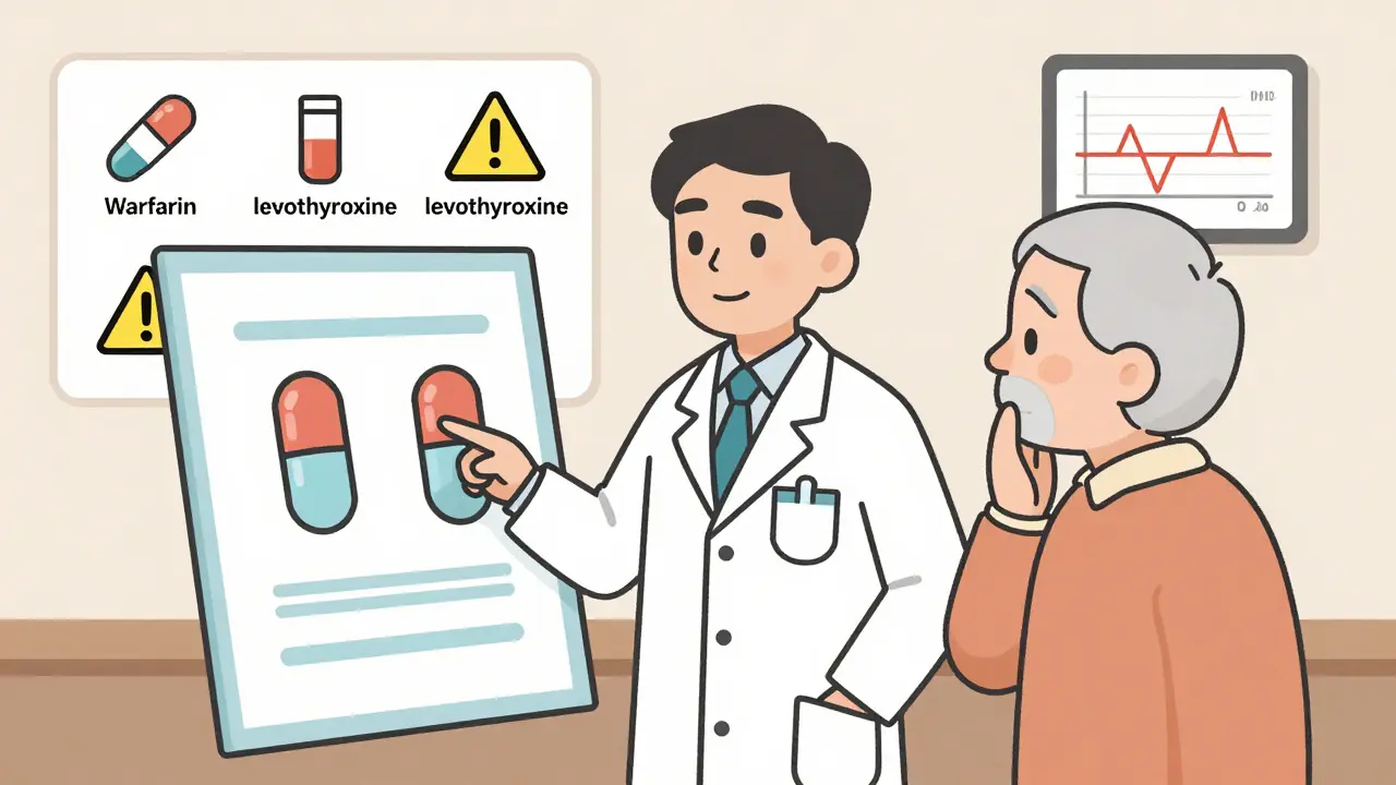 Un pharmacien explique à un patient âgé la similitude entre deux comprimés de couleur différente, avec des médicaments à risque en arrière-plan.