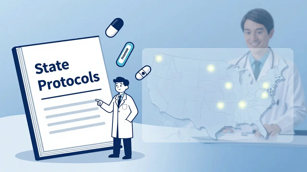 Un pharmacien tient un livre de protocoles d'État, des médicaments émergent de celui-ci, avec une carte des États où il peut prescrire.