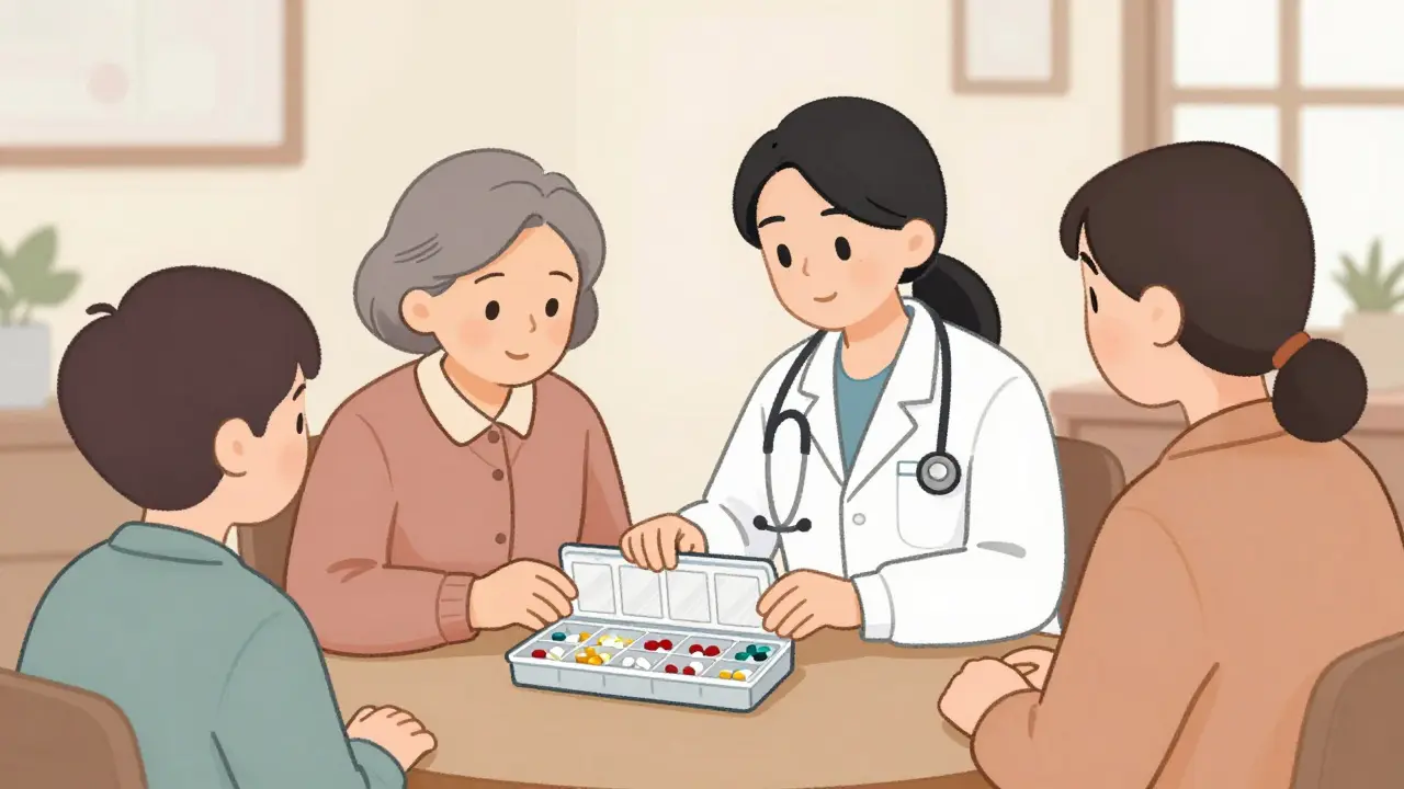 Un travailleur de santé aide une femme âgée à organiser ses comprimés à la maison, avec un proche à ses côtés.