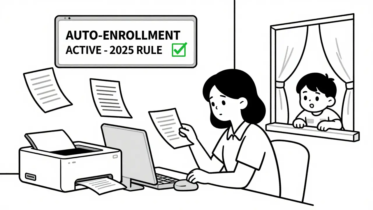 Un travailleur entouré de paperasse, un enfant à la fenêtre, tandis qu'un écran affiche 'inscription automatique active'.