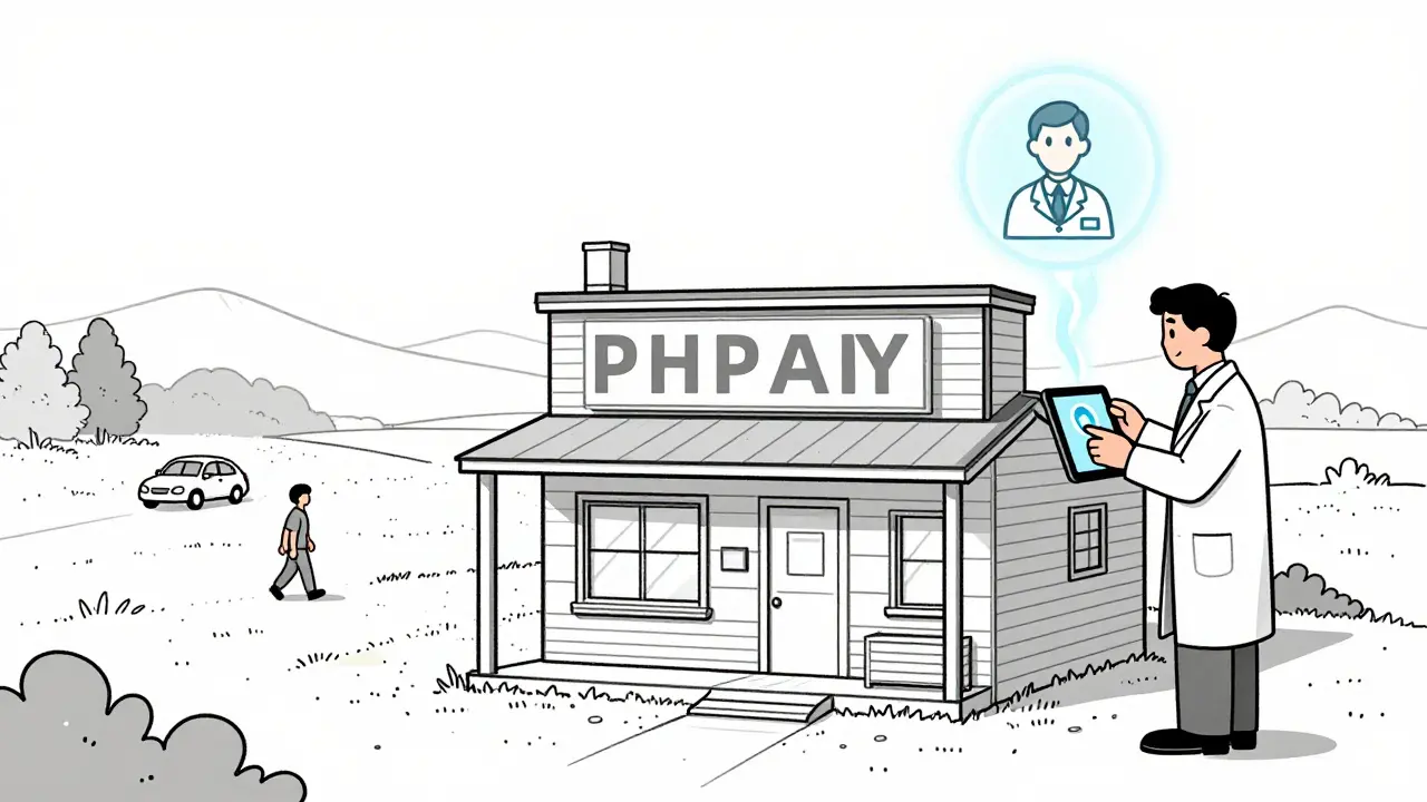 Une pharmacie en zone rurale, un patient arrive en voiture tandis que le pharmacien consulte un médecin à distance via une tablette.