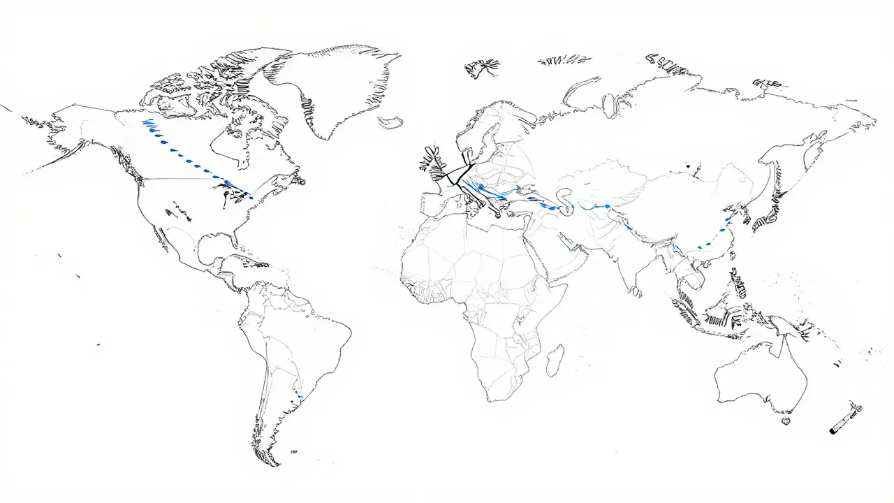 Carte mondiale de chaîne d'approvisionnement avec lien brisé entre Chine, Inde et Amérique du Nord.