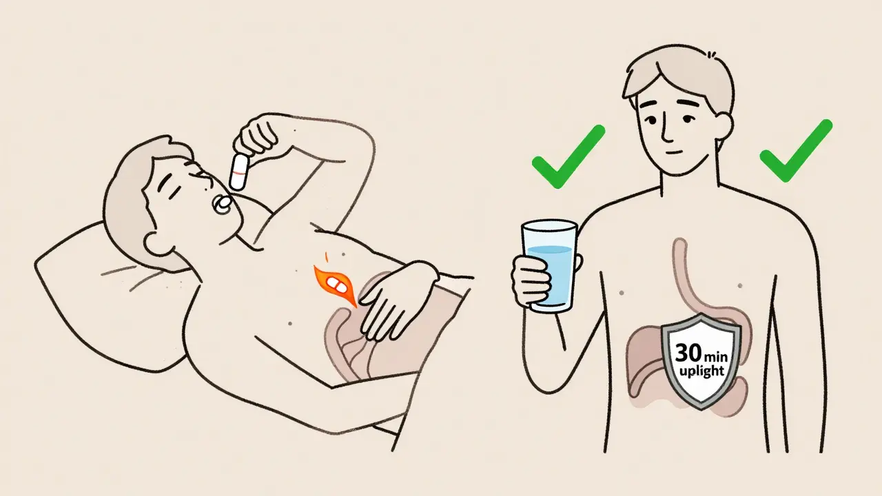 Comparaison schématique : une personne couchée avec un médicament dangereux vs. une personne debout avec de l'eau, protégeant son œsophage.