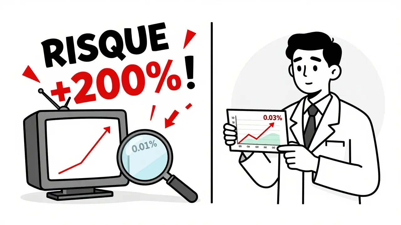 Comparaison visuelle entre un titre médiatique sensationnel et un chiffre réel de risque absolu, illustré en dessin monoline.