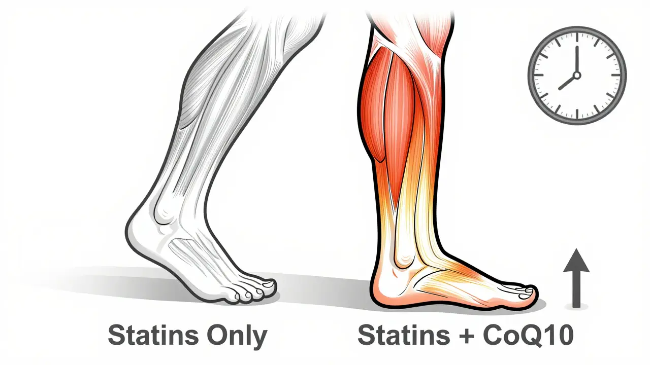 Deux jambes comparées : l'une fatiguée sans CoQ10, l'autre énergique avec CoQ10, sur un chemin.