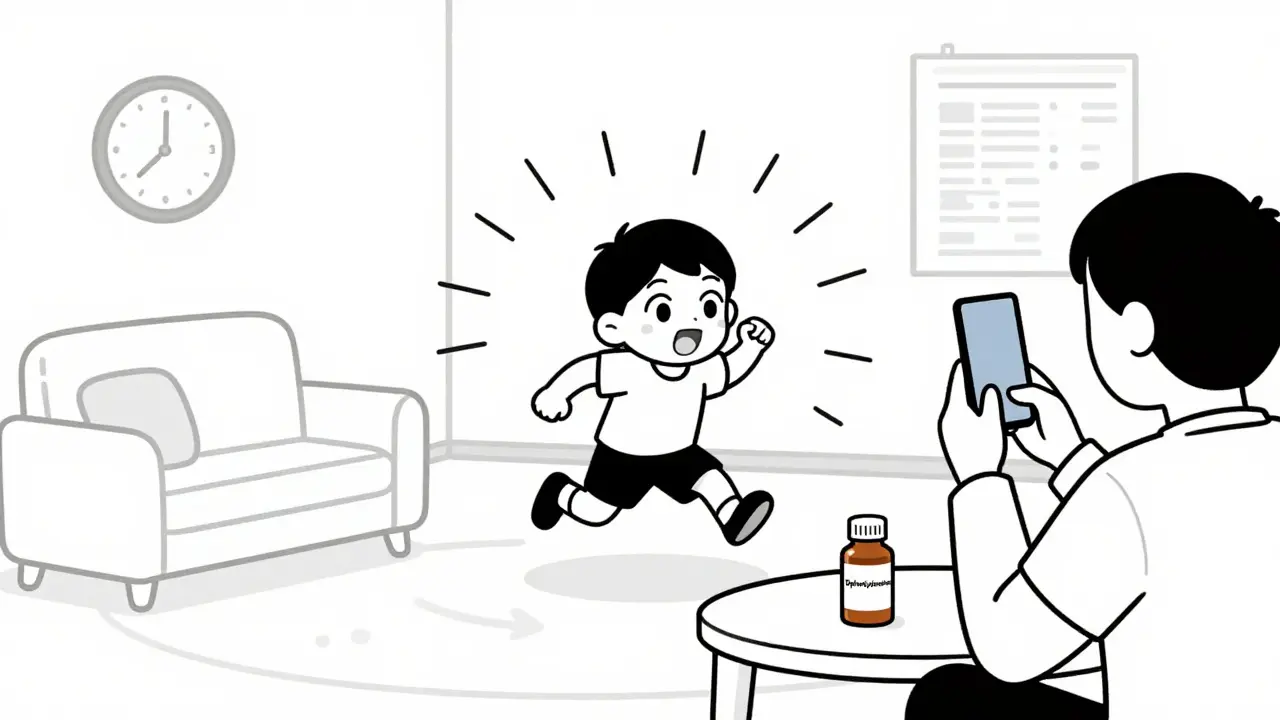 Enfant hyperactif après la prise d'un médicament, parent prend une photo pour consulter le médecin.