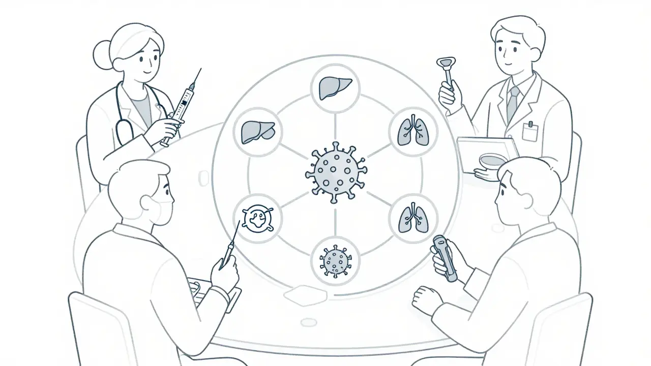 Équipe médicale autour d'un diagramme central montrant les organes et le virus TTV liés à la surveillance post-greffe.