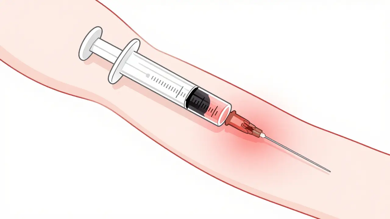 Injection dans le bras avec réaction locale (rougeur et gonflement).