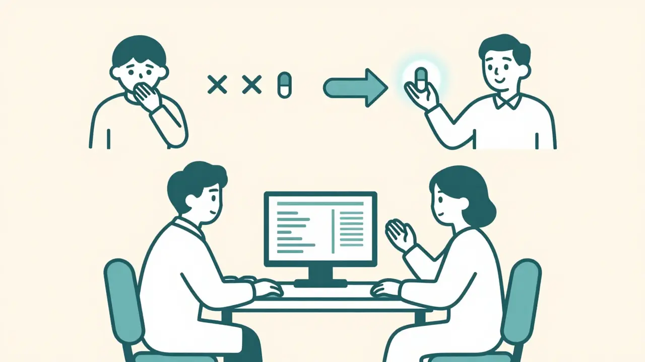 Médecin et patient devant un écran de rapport génétique, avec deux chemins de traitement.