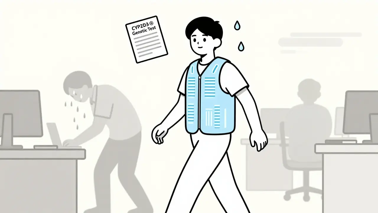 Personne portant un gilet de refroidissement en milieu professionnel, la transpiration s'évapore autour d'elle, contrastant avec une silhouette trempée derrière.