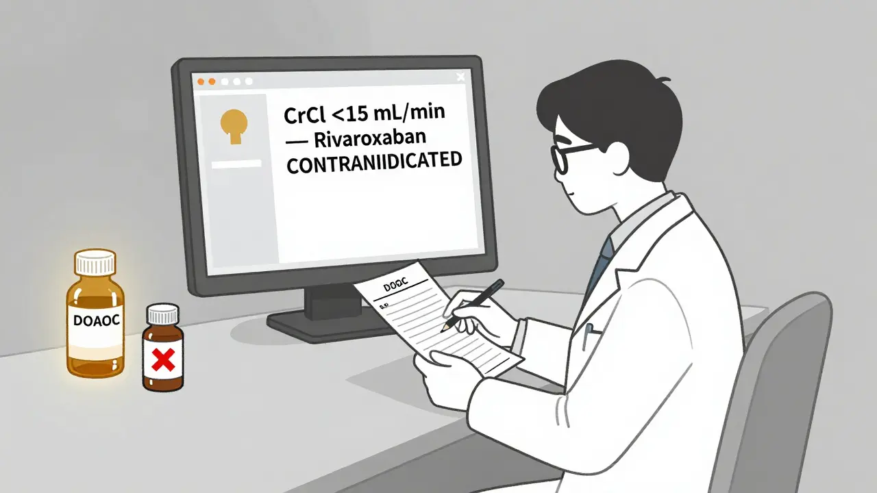 Pharmacien vérifiant une alerte sur la clairance rénale, avec un anticoagulant interdit en haut et la warfarine en option.