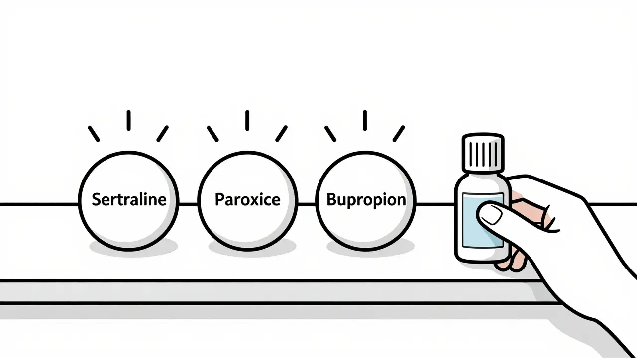 Quatre antidépresseurs sur un comptoir de pharmacie, trois libèrent de la transpiration, un seul n'en émet pas.