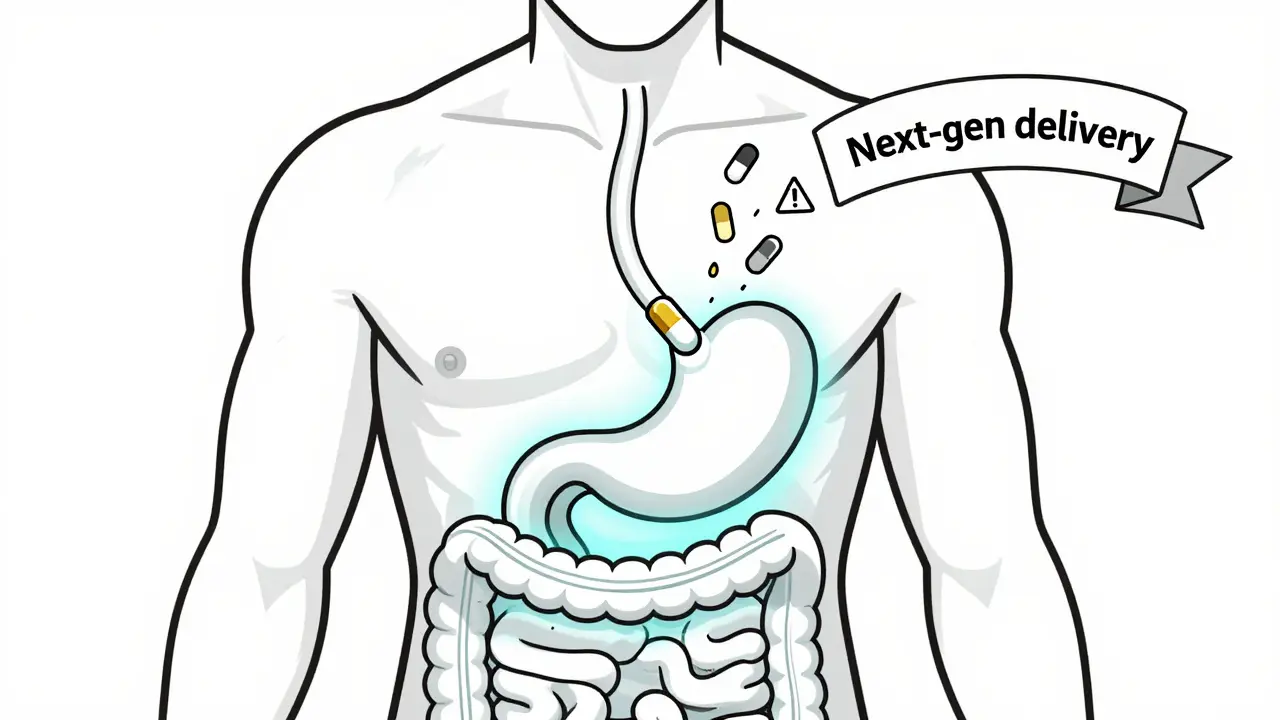 Schéma médical futuriste montrant un médicament qui contourne l'estomac par voie sublinguale, évitant les irritations.