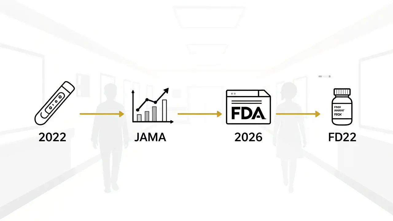 Timeline montrant l'évolution de la pharmacogénomique de l'essai à la prescription personnalisée.