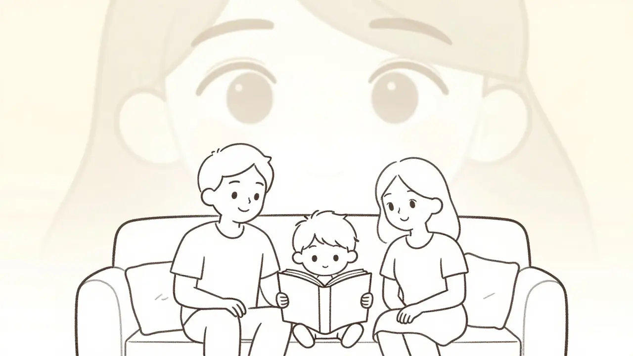 Un enfant lit un livre sans fatigue, ses yeux convergent parfaitement, contrastant avec une image antérieure floue en arrière-plan.