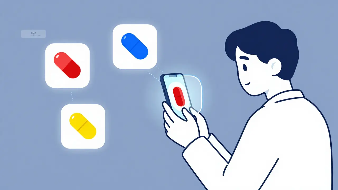 Un patient photographie sa pilule, une interface colorée montre les classes thérapeutiques des médicaments.
