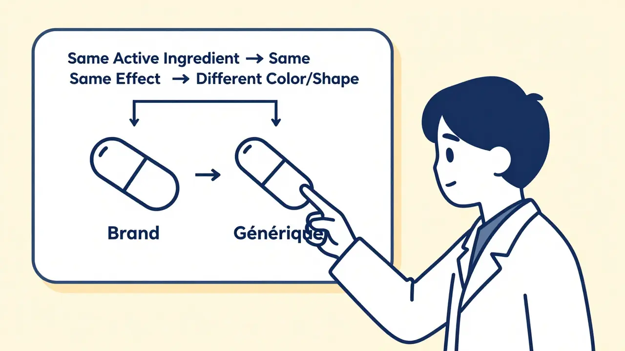 Un pharmacien explique à un patient que les médicaments génériques ont le même principe actif que les marques.